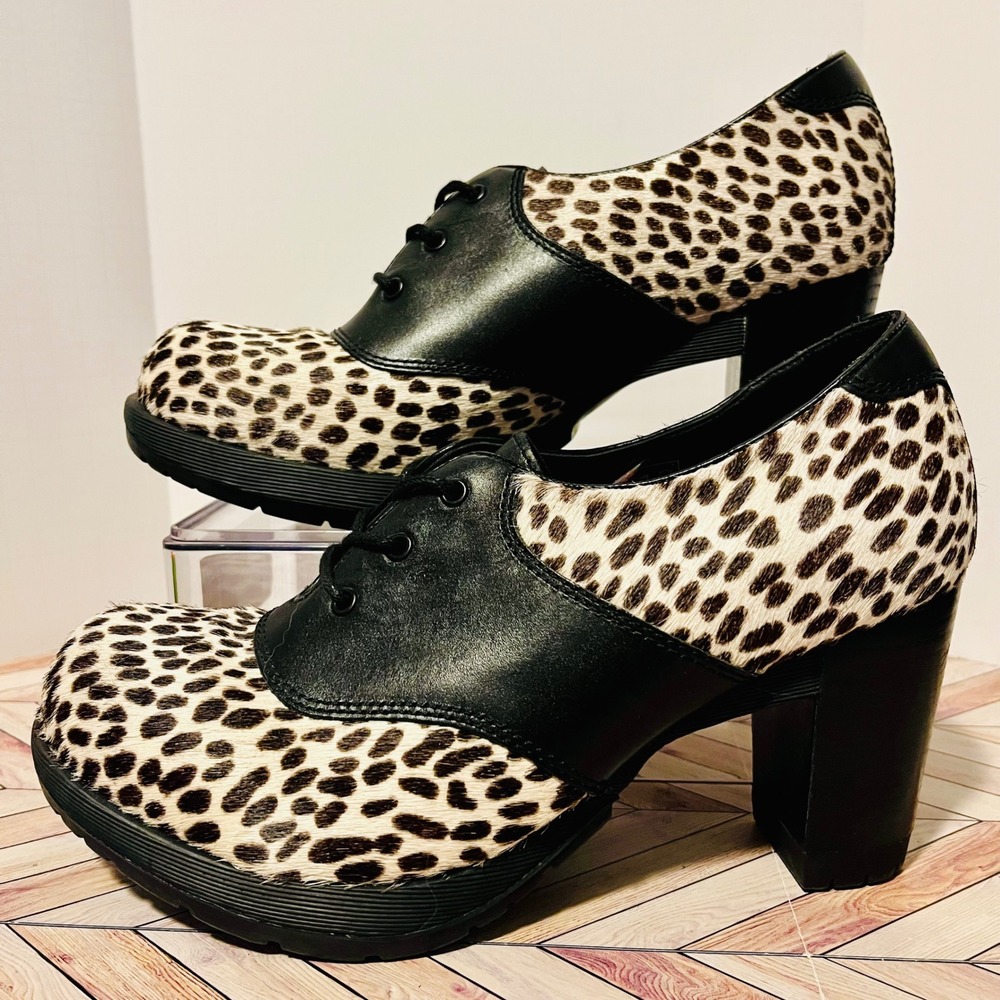 Dr Martens Sara Leopard Print Heeled Oxford Women 9 Shoes Hair On Black Leather - Picture 1 of 11